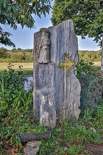 Spain-Galicia Stone carving of a pilgrim along the Camino de Santiago Nature Print
